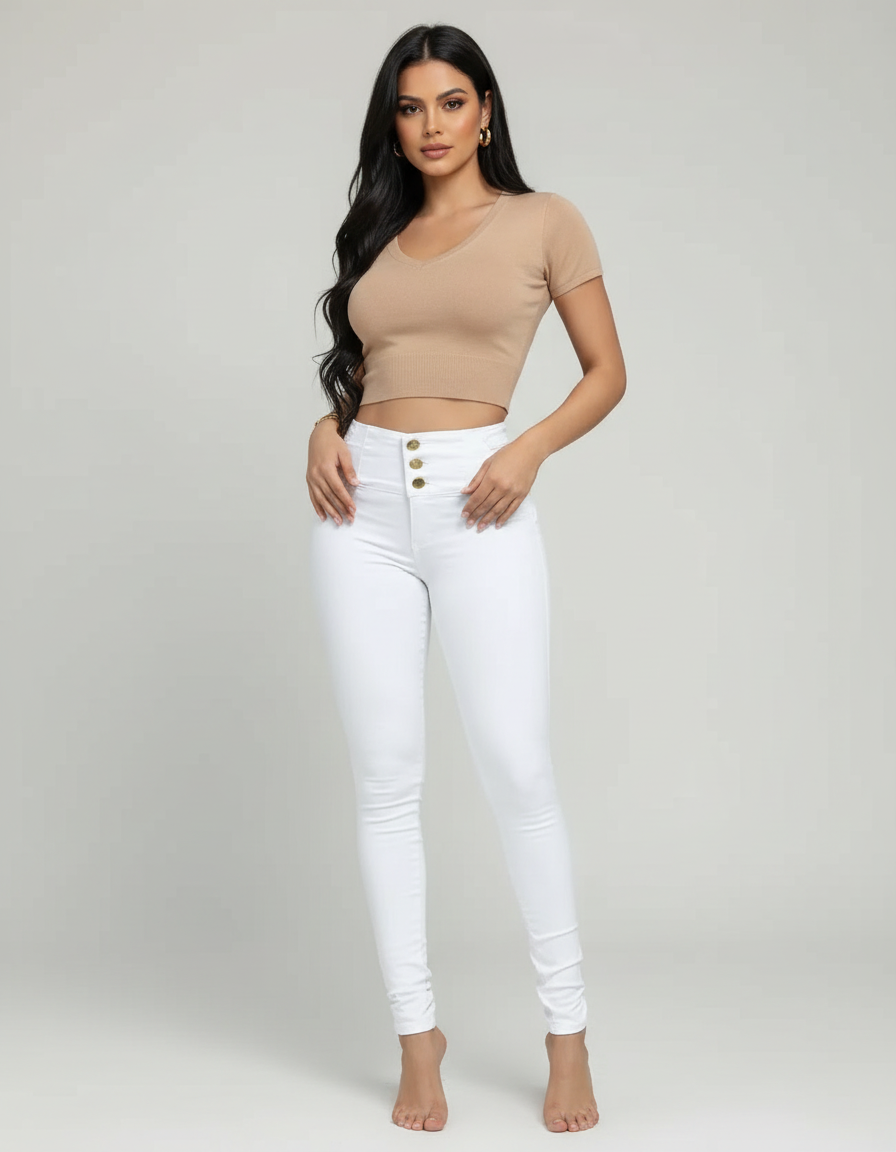 Pantalon Blanc Skinny Taille Haute Boutons - Jean