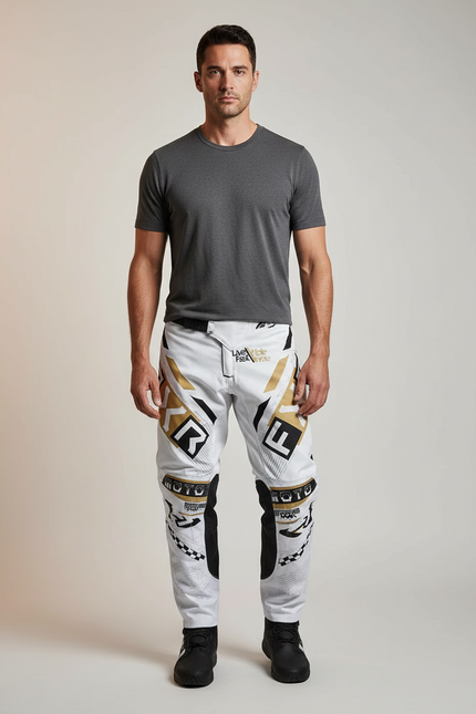 Pantalon Blanc Motocross Homme Racing Gold Géométrique - Polyester