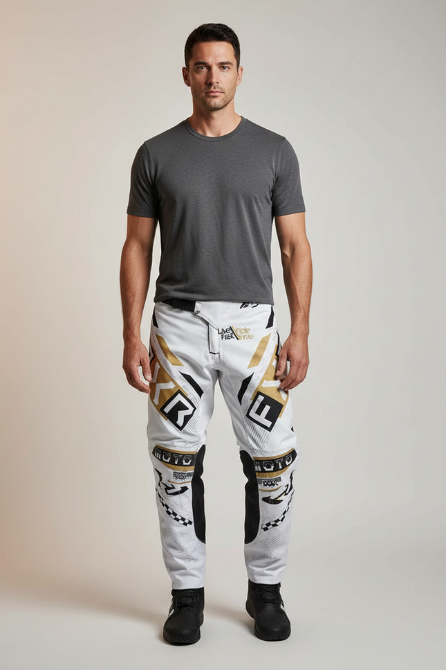 Pantalon Blanc Motocross Homme Racing Gold Géométrique - Polyester