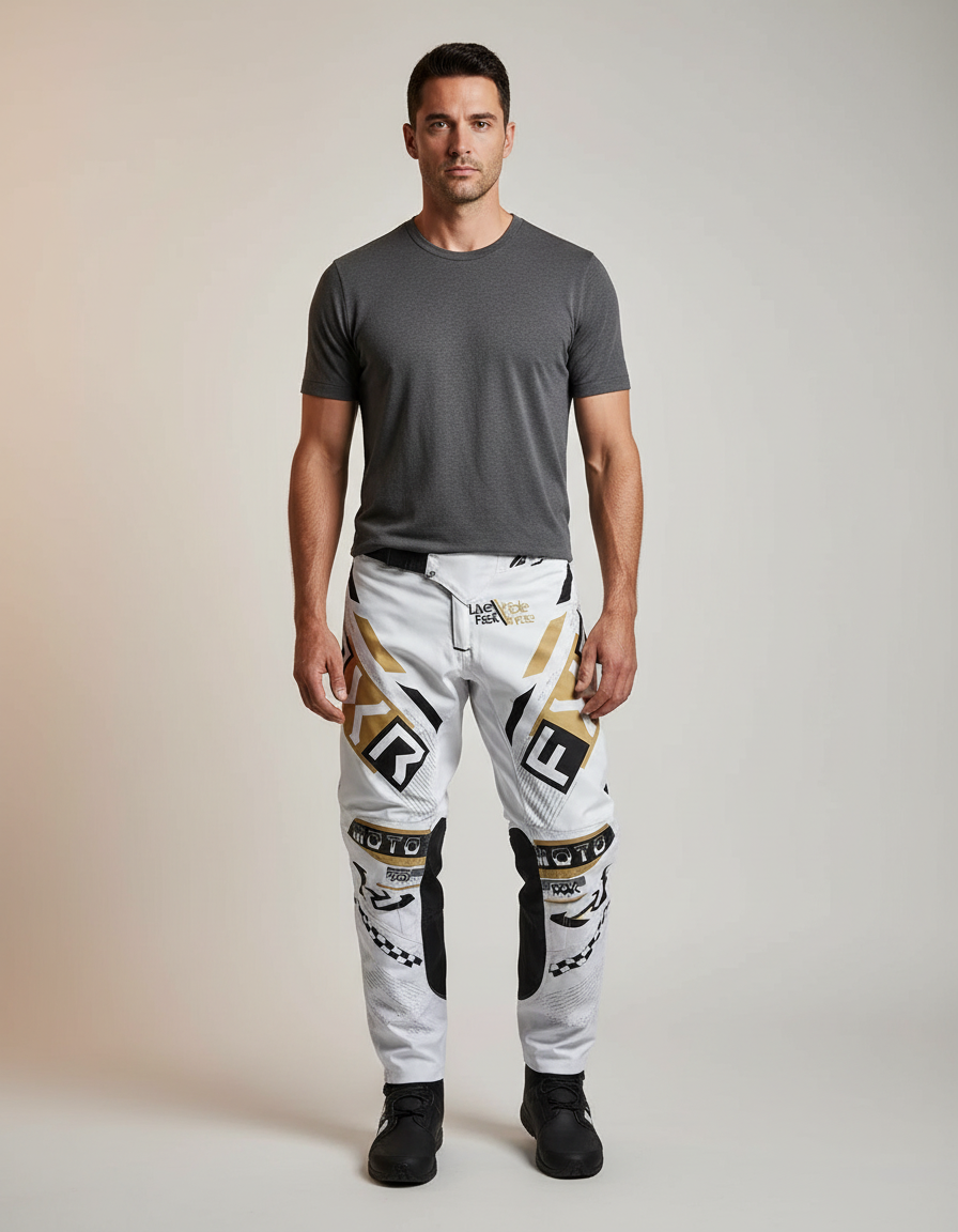 Pantalon Blanc Motocross Homme Racing Gold Géométrique - Polyester