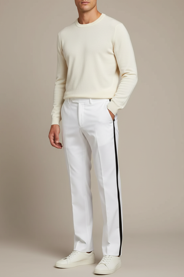Pantalon Blanc Droit Bande Latérale Noire Homme - Polyester