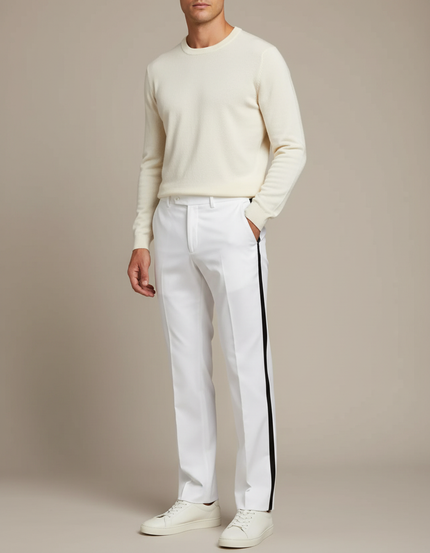 Pantalon Blanc Droit Bande Latérale Noire Homme - Polyester