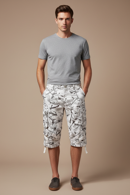 Pantalon Blanc Cargo Imprimé Décontracté Homme 3/4 - Toile