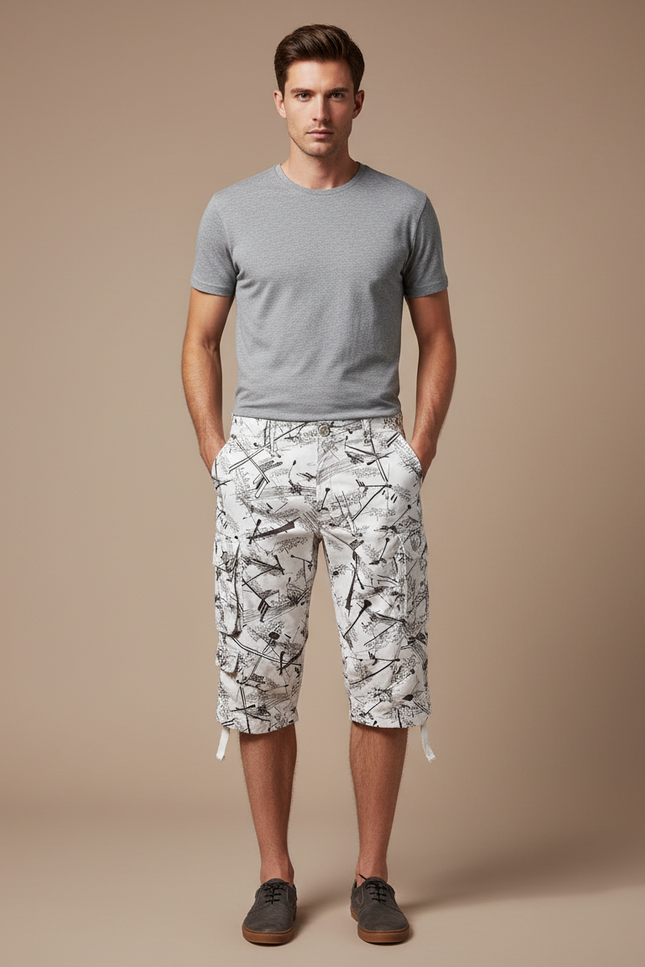 Pantalon Blanc Cargo Imprimé Décontracté Homme 3/4 - Toile