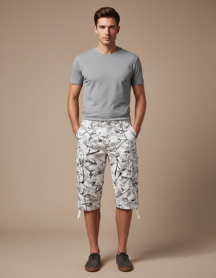 Pantalon Blanc Cargo Imprimé Décontracté Homme 3/4 - Toile