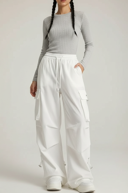 Pantalon Blanc Cargo Ample Taille Haute Femme - Polyester
