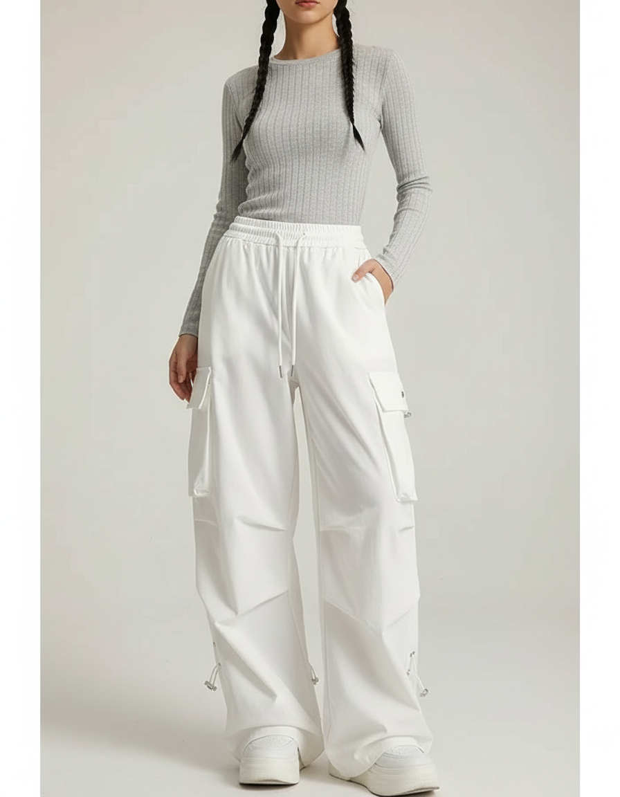 Pantalon Blanc Cargo Ample Taille Haute Femme - Polyester