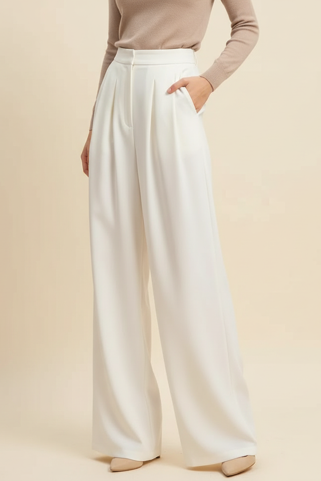 Pantalon Blanc Plissé Ample Femme Élégant Fluide - Polyester