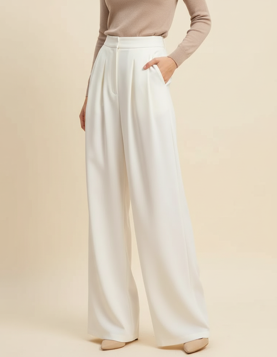 Pantalon Blanc Plissé Ample Femme Élégant Fluide - Polyester