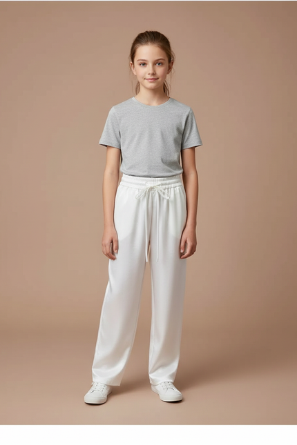 Pantalon Blanc Fluide Satiné Ample Décontracté Fille
