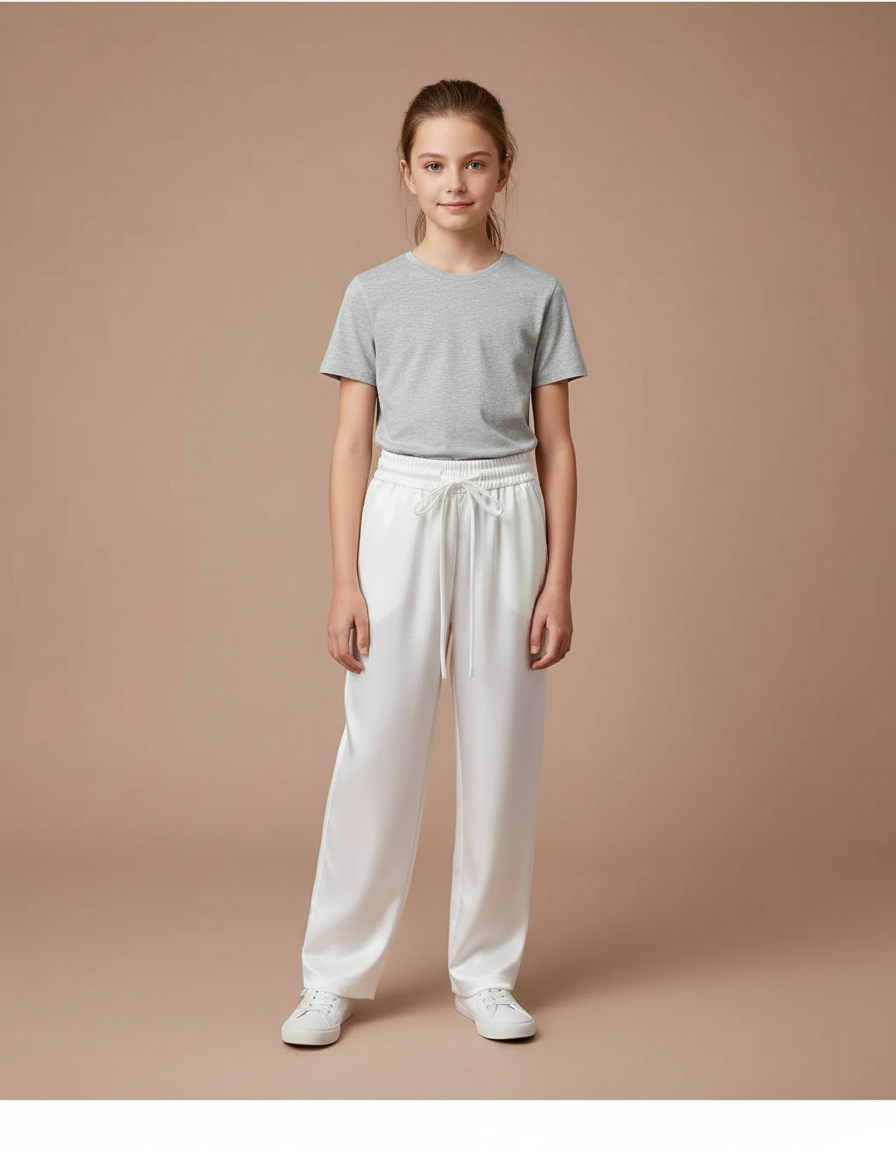 Pantalon Blanc Fluide Satiné Ample Décontracté Fille