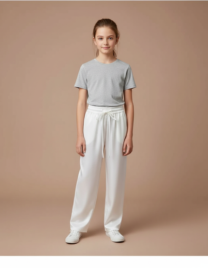 Pantalon Blanc Fluide Satiné Ample Décontracté Fille