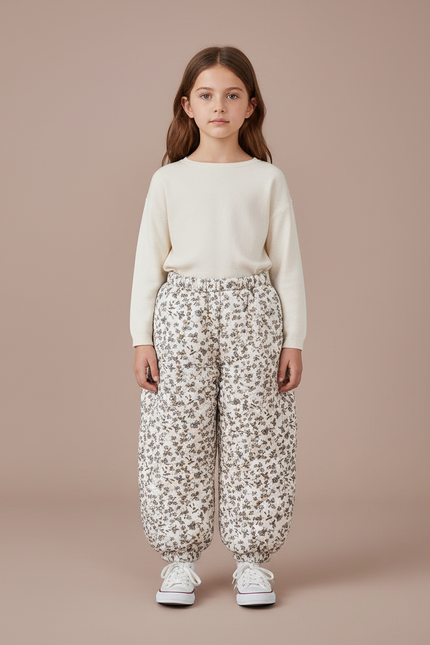 Pantalon Blanc Matelassé Fleuri Ample Enfant - Imprimé Coton