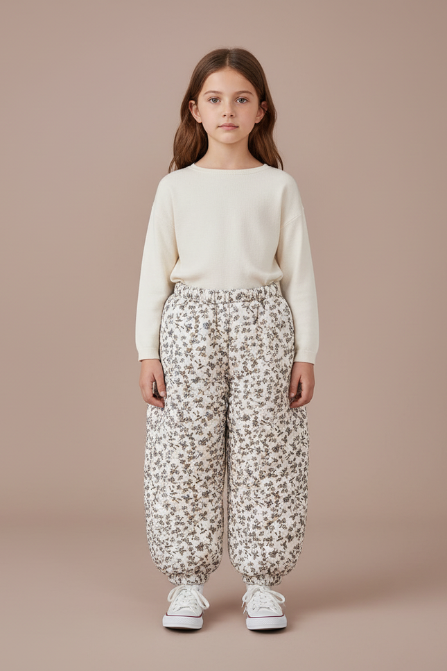 Pantalon Blanc Matelassé Fleuri Ample Enfant - Imprimé Coton