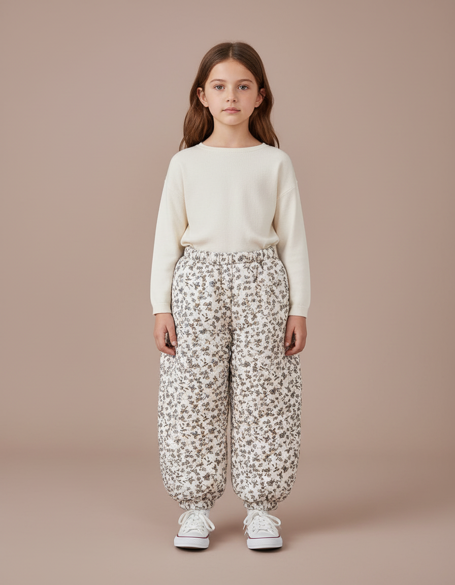 Pantalon Blanc Matelassé Fleuri Ample Enfant - Imprimé Coton