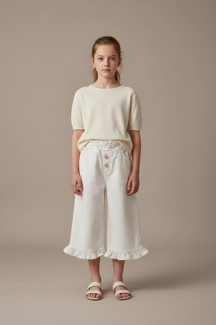 Pantalon Blanc Fille Volants Ample Décontracté Coton