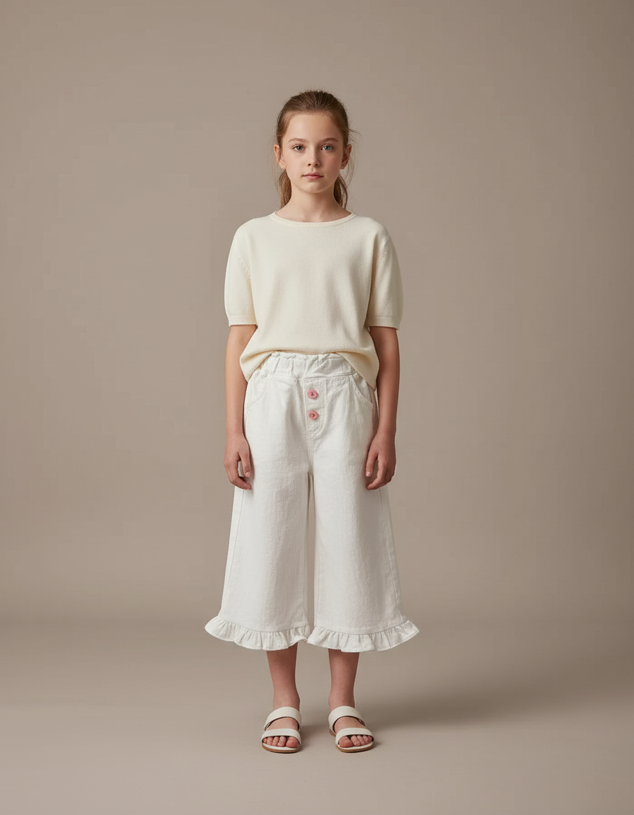 Pantalon Blanc Fille Volants Ample Décontracté Coton