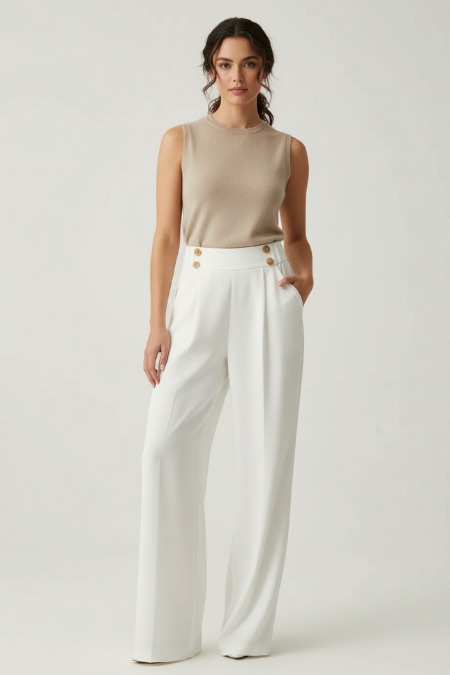 Pantalon Blanc Ample Plissé Taille Haute Femme - Polyester