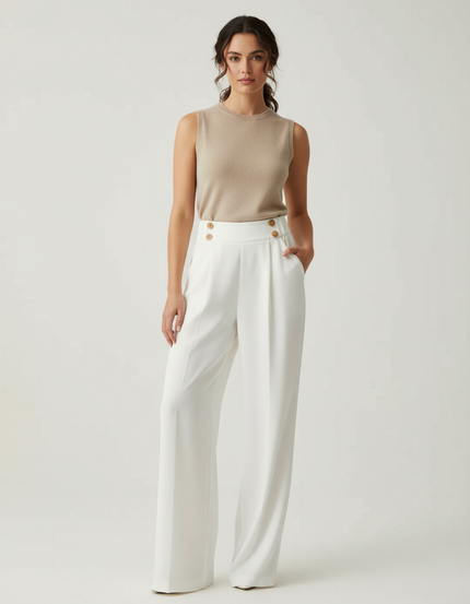 Pantalon Blanc Ample Plissé Taille Haute Femme - Polyester
