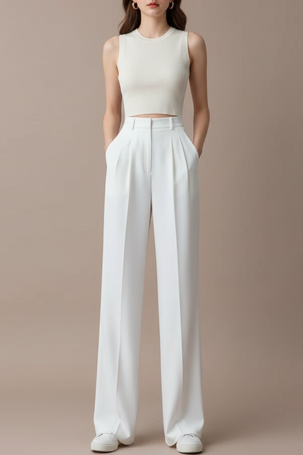 Pantalon Blanc Fluide Ample Taille Haute Décontracté Élégant - Polyester
