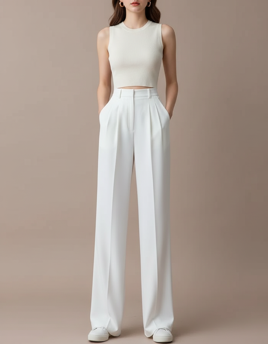 Pantalon Blanc Fluide Ample Taille Haute Décontracté Élégant - Polyester