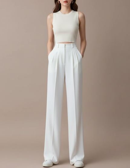 Pantalon Blanc Fluide Ample Taille Haute Décontracté Élégant - Polyester