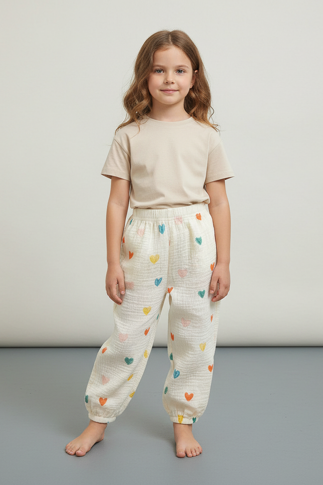 Pantalon Blanc Coton Ample Cœurs Colorés Enfant