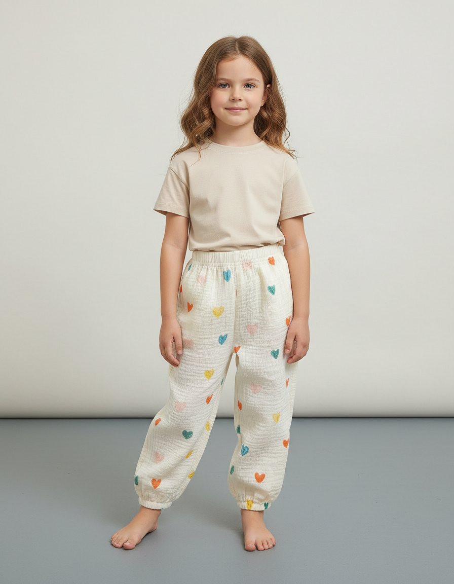 Pantalon Blanc Coton Ample Cœurs Colorés Enfant