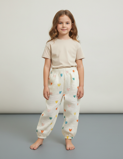 Pantalon Blanc Coton Ample Cœurs Colorés Enfant