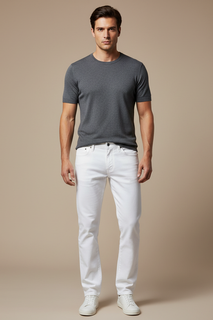 Pantalon Blanc Homme Droit Décontracté Coton Stretch - Jean