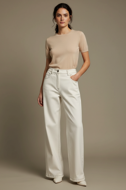 Pantalon Blanc Droit Coton Taille Haute Élégant - Jean