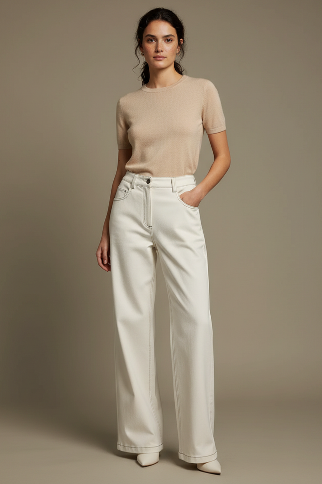 Pantalon Blanc Droit Coton Taille Haute Élégant - Jean