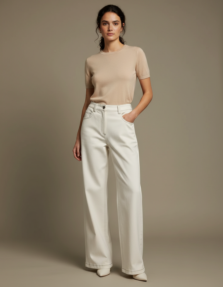 Pantalon Blanc Droit Coton Taille Haute Élégant - Jean