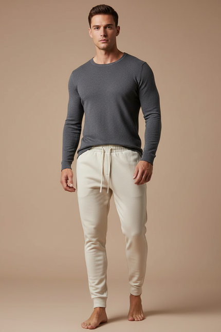 Pantalon Blanc Coton Molletonné Confortable Homme - Beige
