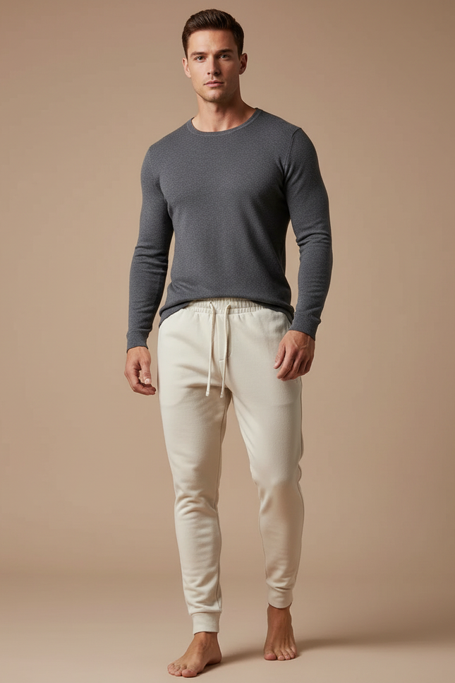 Pantalon Blanc Coton Molletonné Confortable Homme - Beige