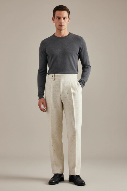 Pantalon Blanc Laine Droit Taille Haute Élégant - Tweed