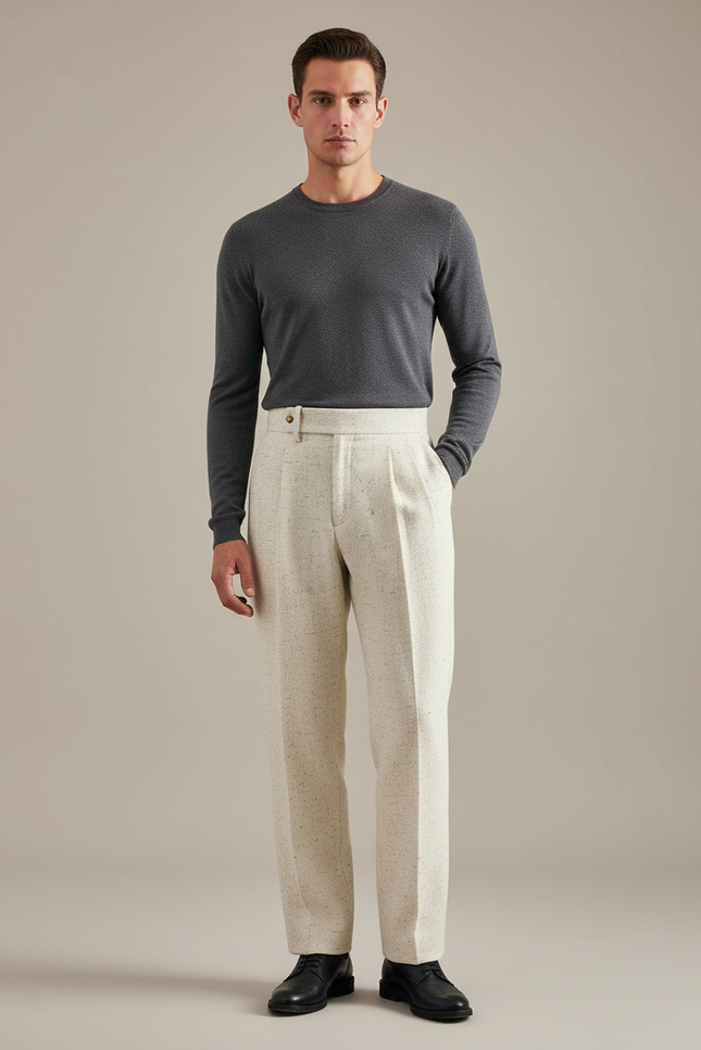 Pantalon Blanc Laine Droit Taille Haute Élégant - Tweed
