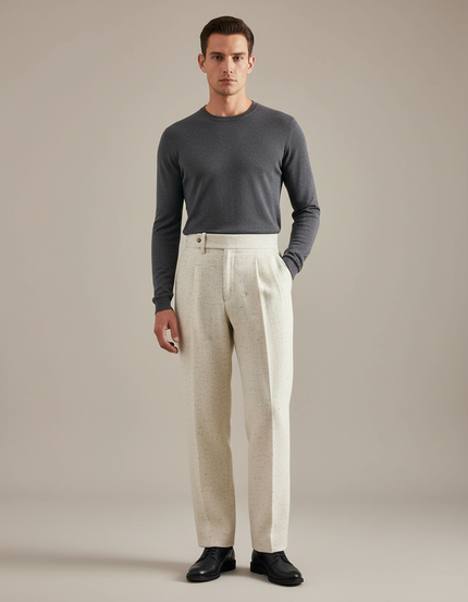 Pantalon Blanc Laine Droit Taille Haute Élégant - Tweed