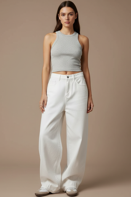 Pantalon Blanc Large Décontracté Femme Taille Haute - Jean