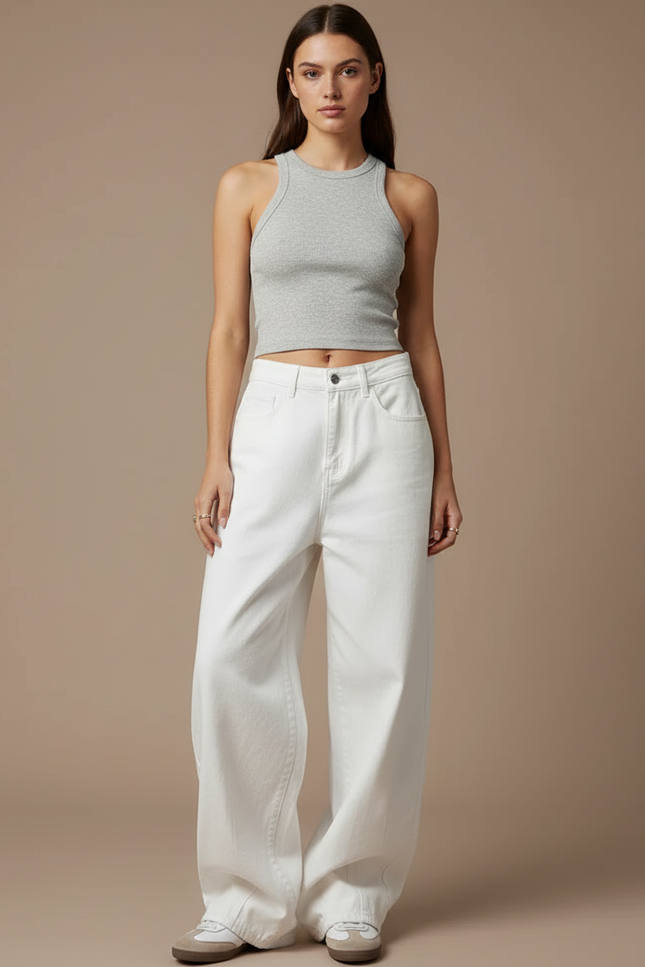 Pantalon Blanc Large Décontracté Femme Taille Haute - Jean