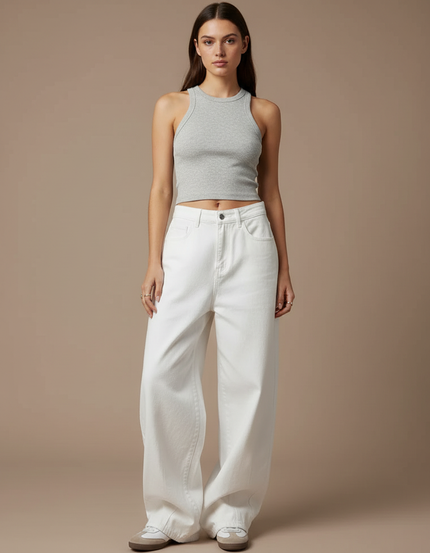 Pantalon Blanc Large Décontracté Femme Taille Haute - Jean