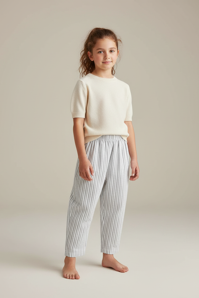 Pantalon Lin Raye Bleu Et Blanc - Multicolore