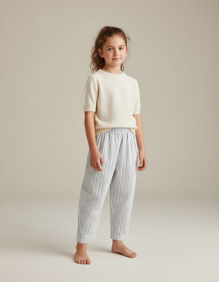 Pantalon Lin Raye Bleu Et Blanc - Multicolore