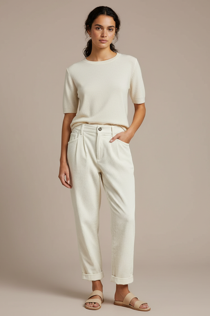 Pantalon Blanc Côtelé Décontracté Plissé Femme Droit - Beige Cordé