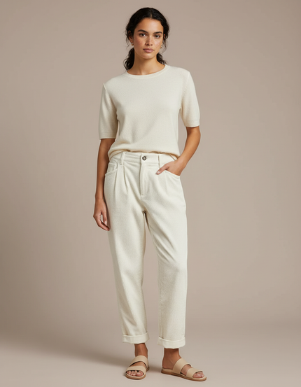 Pantalon Blanc Côtelé Décontracté Plissé Femme Droit - Beige Cordé