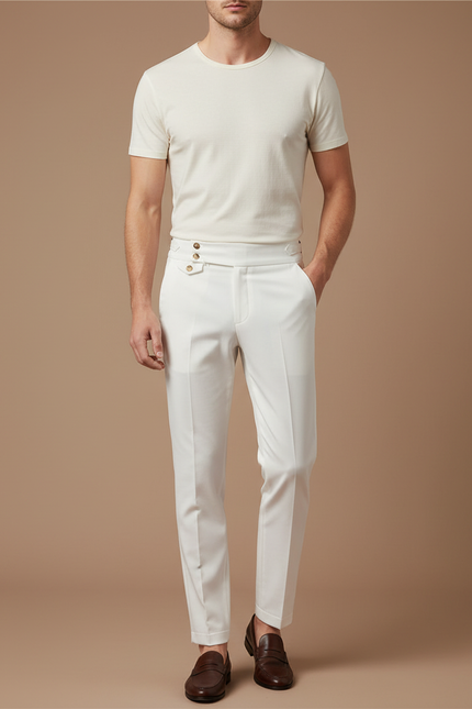 Pantalon Blanc Homme Slim Habillé Boutons Dorés Élégant - Gabardine