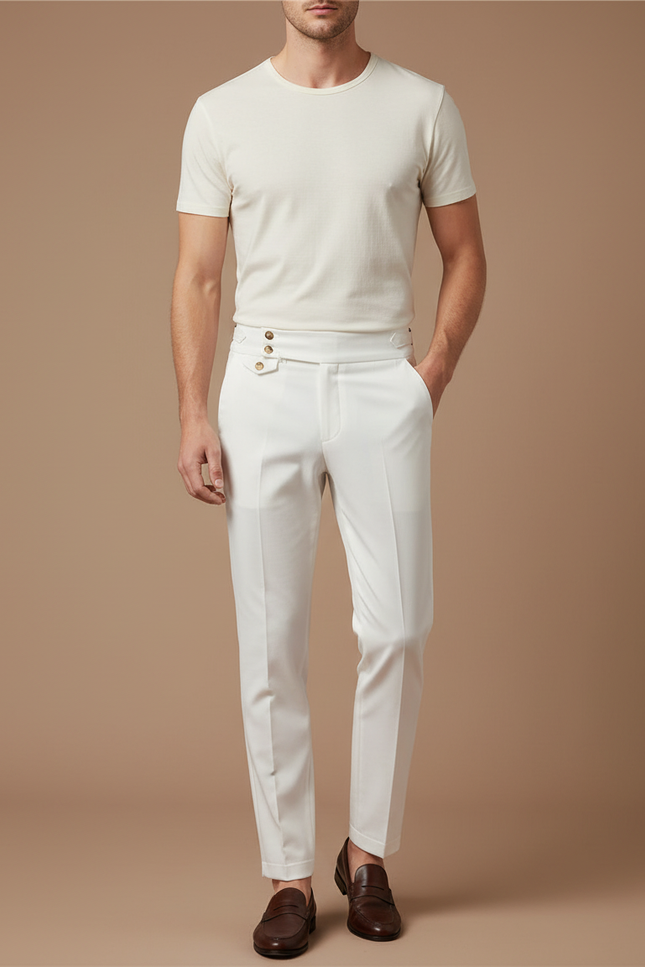 Pantalon Blanc Homme Slim Habillé Boutons Dorés Élégant - Gabardine