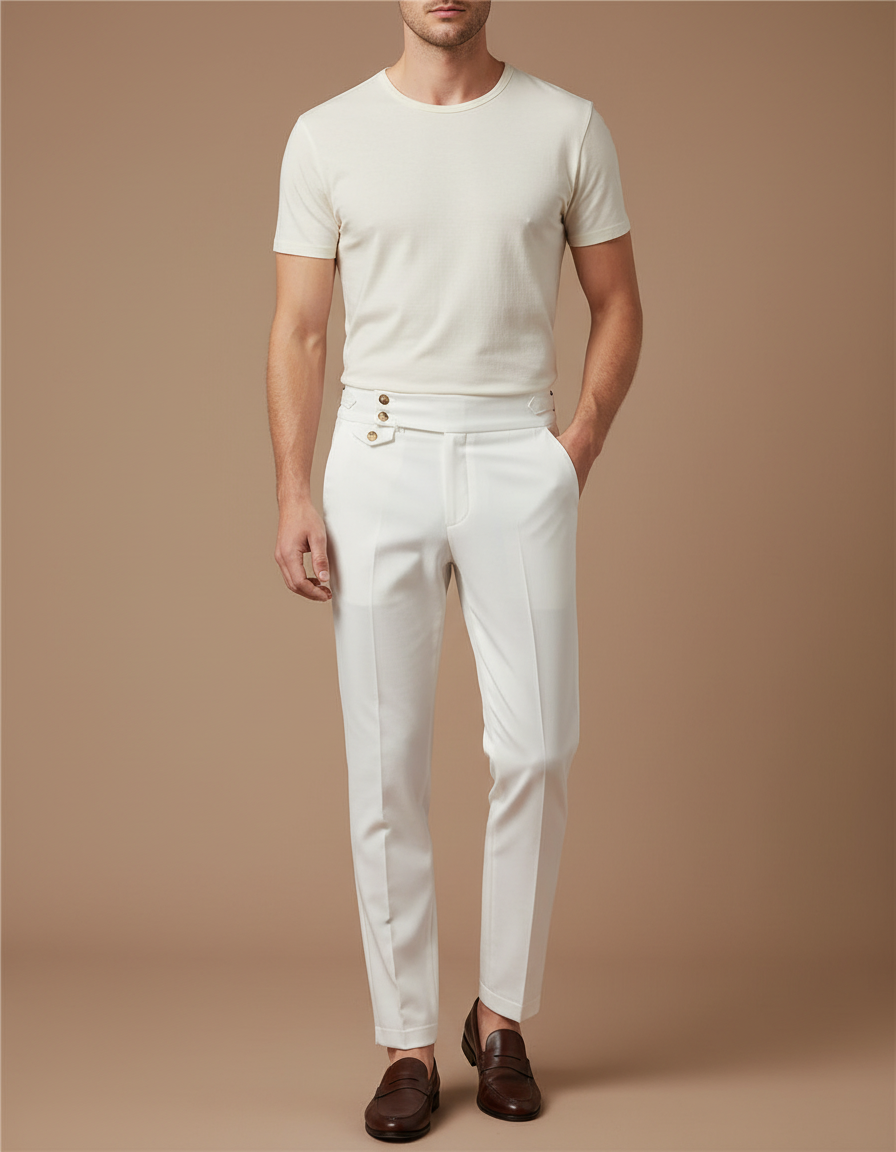 Pantalon Blanc Homme Slim Habillé Boutons Dorés Élégant - Gabardine