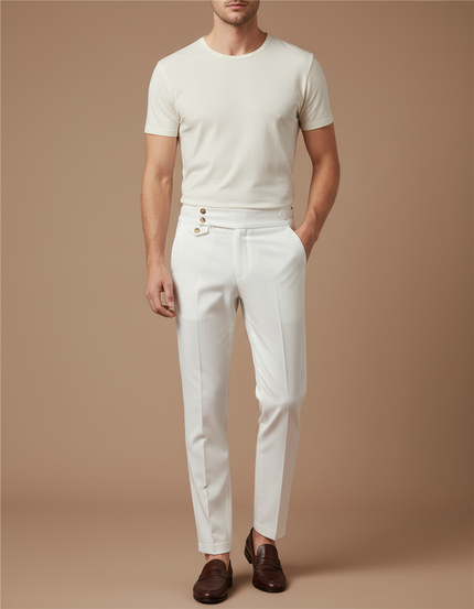 Pantalon Blanc Homme Slim Habillé Boutons Dorés Élégant - Gabardine