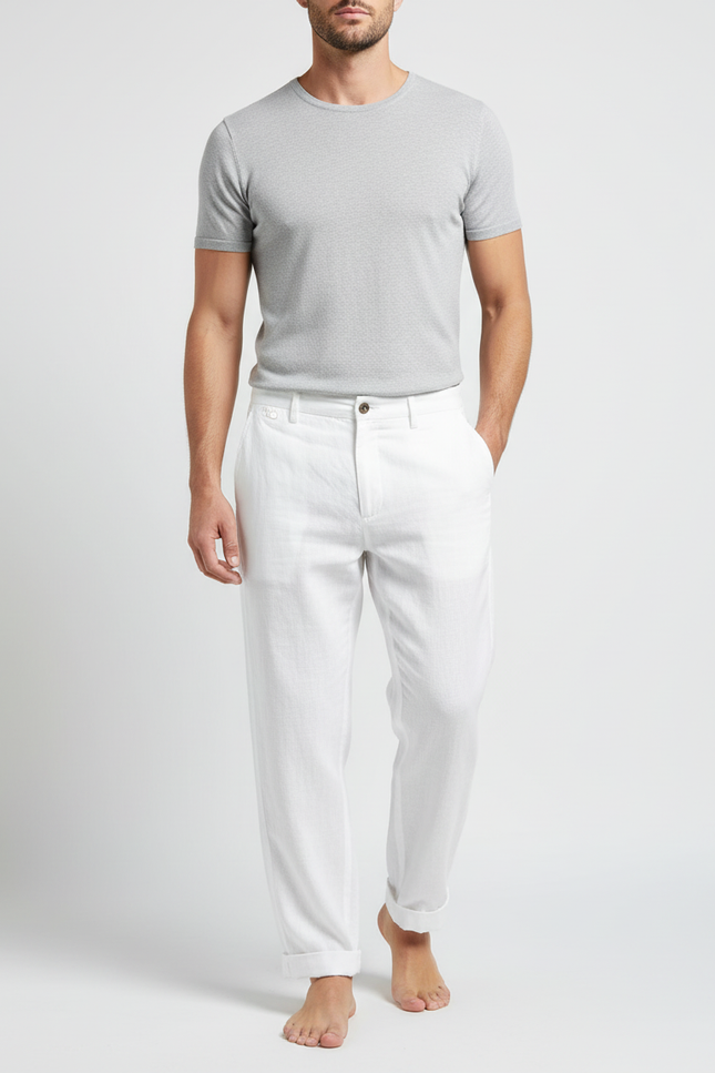 Pantalon Blanc Lin Droit Décontracté Homme Élégant
